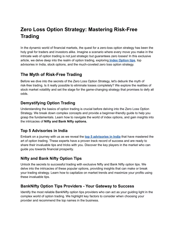 zero loss option strategy mastering risk free