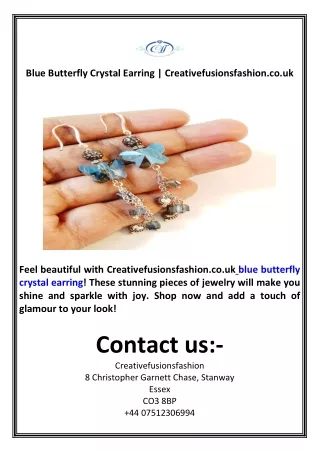 Blue Butterfly Crystal Earring  Creativefusionsfashion.co.uk