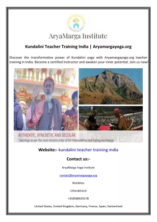 Kundalini Teacher Training India  Aryamargayoga.org