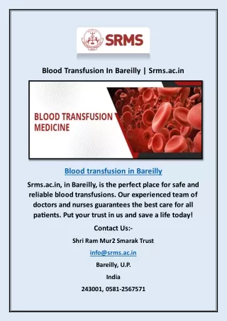 Blood Transfusion In Bareilly | Srms.ac.in