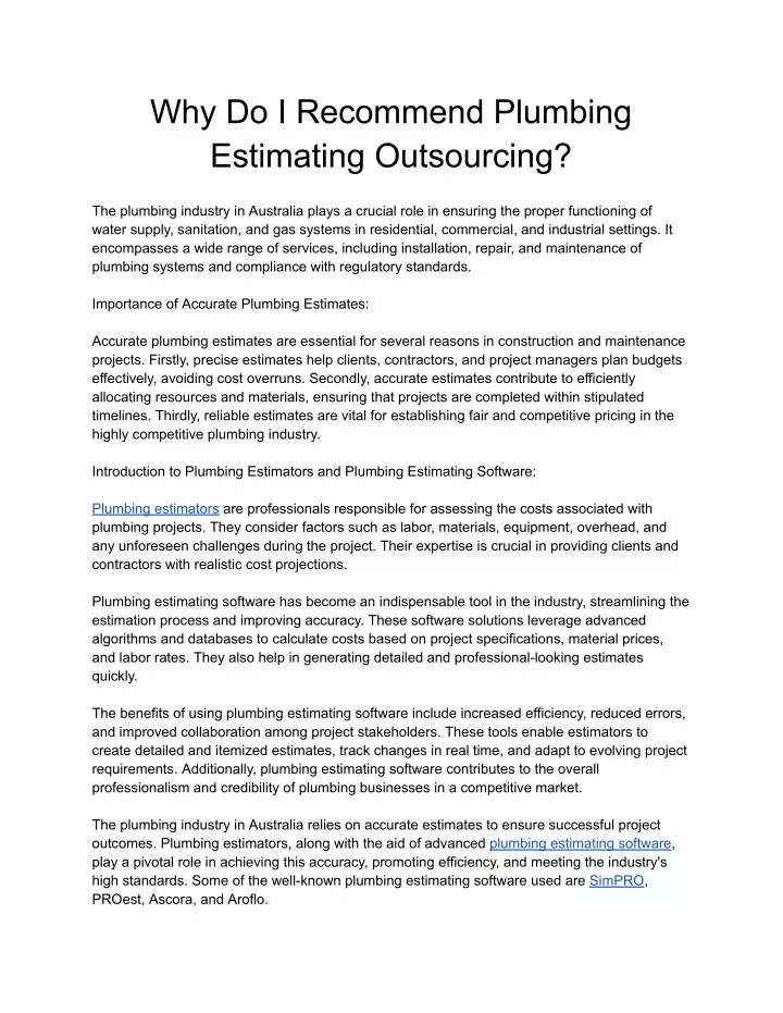why do i recommend plumbing estimating outsourcing