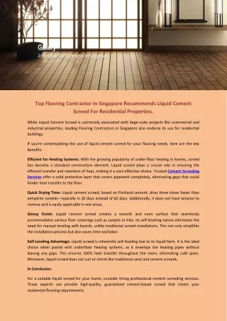 Flooring Contractor In Singapore Recommends Liquid Cement Screed For Residential Properties.