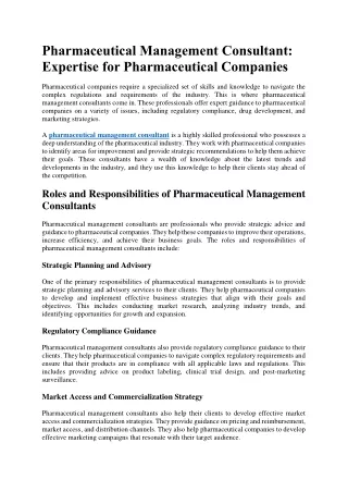 Pharmaceutical Management Consultant- Expertise for Pharmaceutical Companies