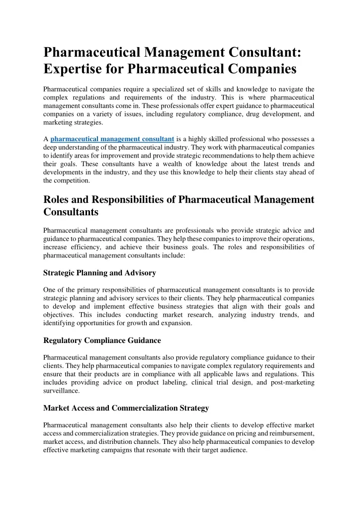 pharmaceutical management consultant expertise