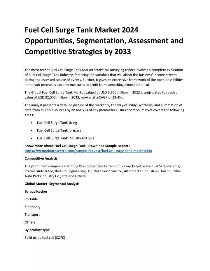 fuel cell surge tank market 2024 opportunities