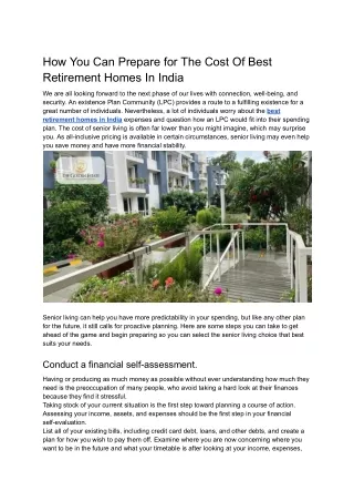 How You Can Prepare for The Cost Of Best Retirement Homes In India