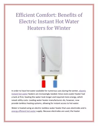 Efficient Comfort: Benefits of Electric Instant Hot Water Heaters for Winter