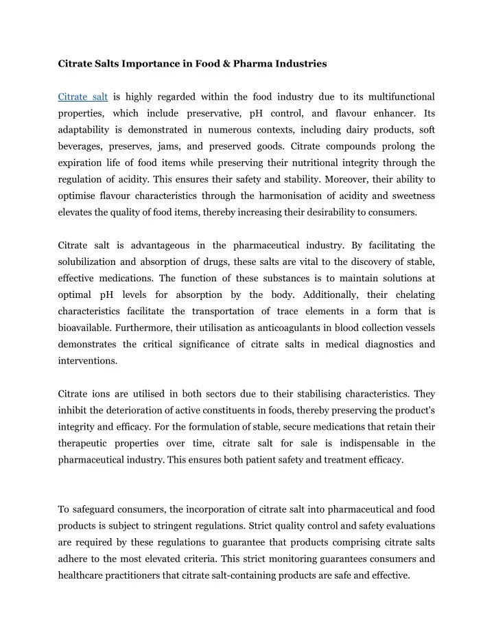 citrate salts importance in food pharma industries