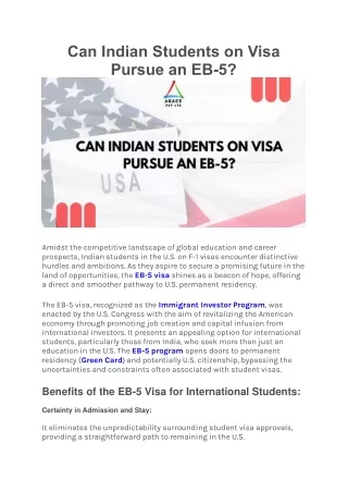 Can Indian Students on Visa Pursue an EB5