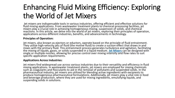 enhancing fluid mixing efficiency exploring the world of jet mixers