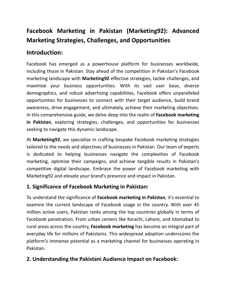 facebook marketing in pakistan marketing92