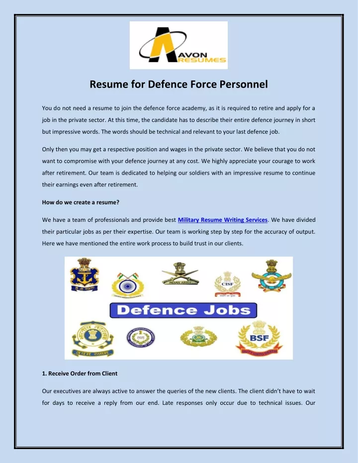 resume for defence force personnel