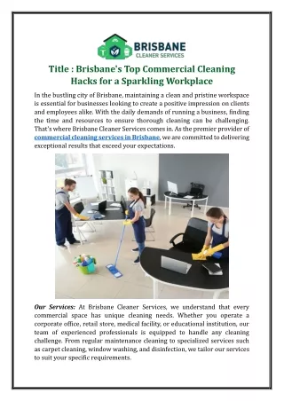 Brisbane's Top Commercial Cleaning Hacks for a Sparkling Workplace