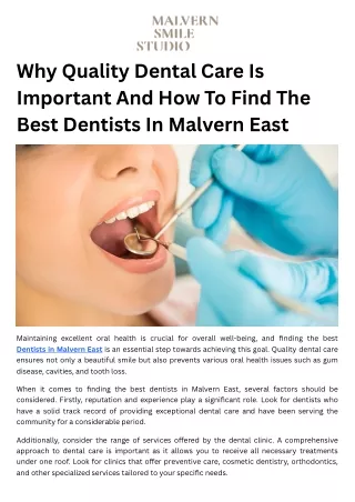 Why Quality Dental Care Is Important And How To Find The Best Dentists In Malvern East