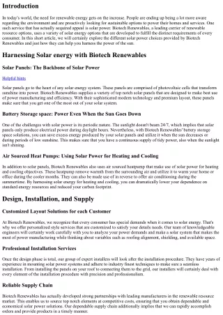 Renewable Energy within your reaches: Biotech Renewables' Solar Energy Options
