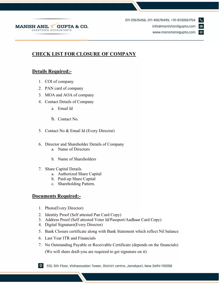 check list for closure of company details