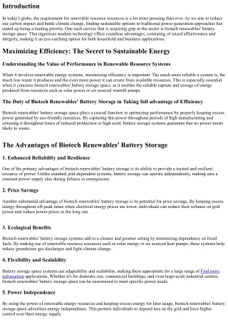 Optimizing Efficiency: The Advantages of Biotech Renewables' Battery Storage
