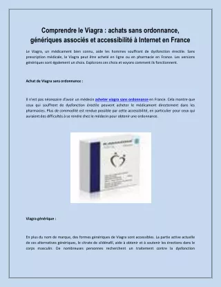Comprendre le Viagra achats sans ordonnance, génériques associés et accessibilité à Internet en France