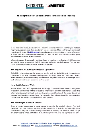 The Integral Role of Bubble Sensors in the Medical Industry