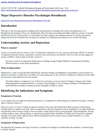 Depression And Anxiety Symptoms Psychologist Broadbeach (07) 5539 9798