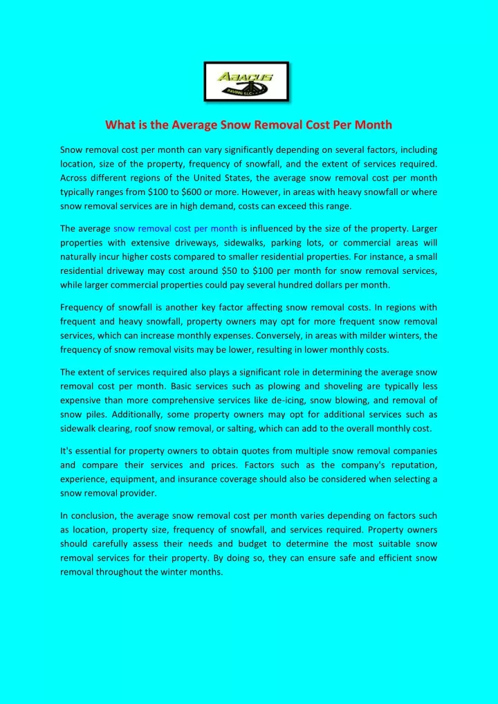 what is the average snow removal cost per month