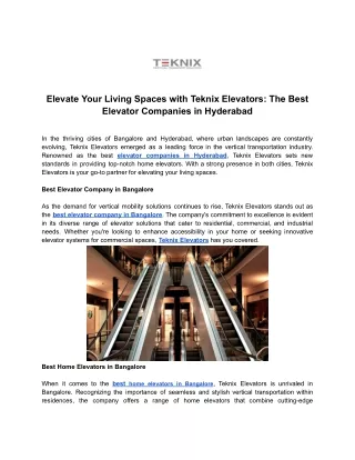 Elevate Your Living Spaces with Teknix Elevators - Best Elevator Companies in Hyderabad