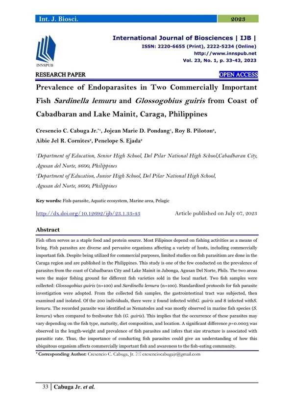 Prevalence of Endoparasites in Two Commercially Important Fish Sardinella lemuru