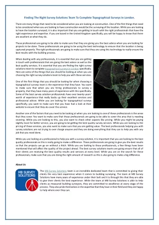 Finding The Right Survey Solutions Team To Complete Topographical Surveys In London