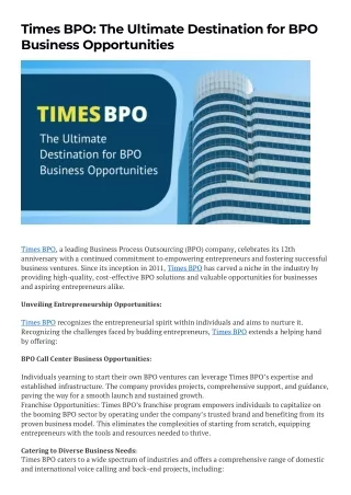 Times BPO: The Ultimate Destination for BPO Business Opportunities