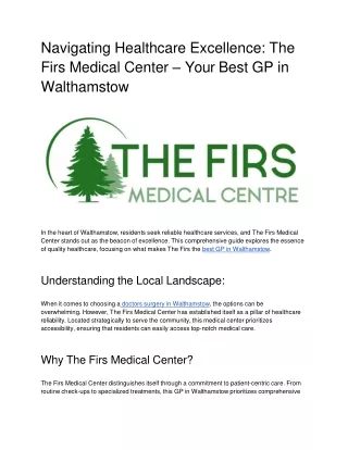 Navigating Healthcare ExcellenceThe Firs Medical Center – Your Best GP in Walthamstow