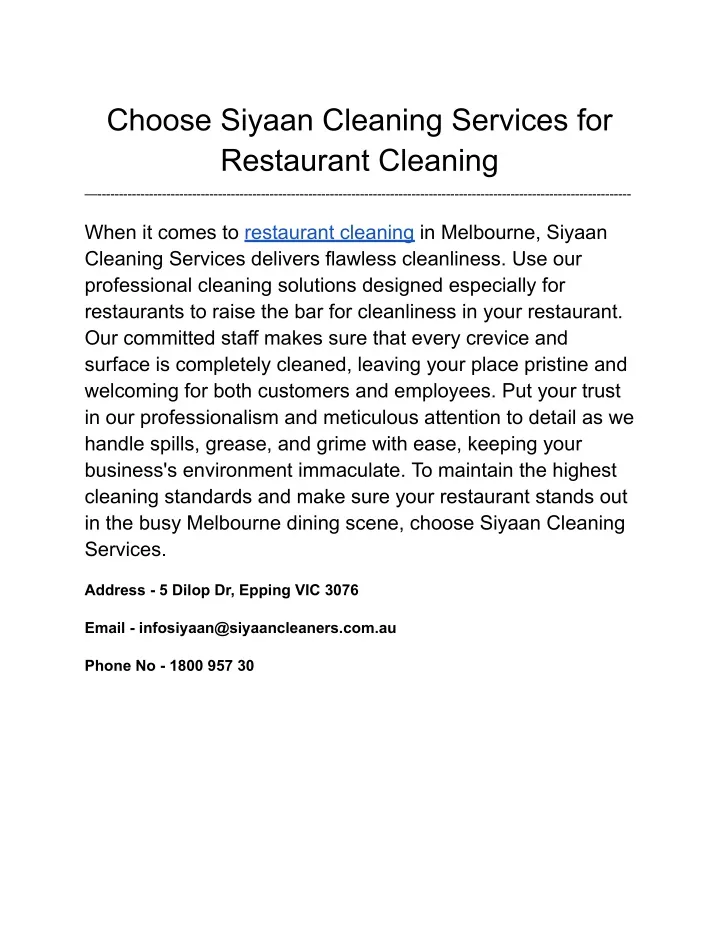 choose siyaan cleaning services for restaurant