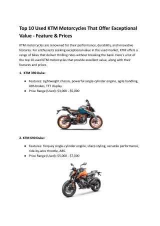 Top 10 Used KTM Motorcycles That Offer Exceptional Value - Feature & Prices