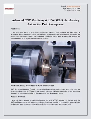Advanced CNC Machining at RPWORLD Accelerating Automotive Part Development