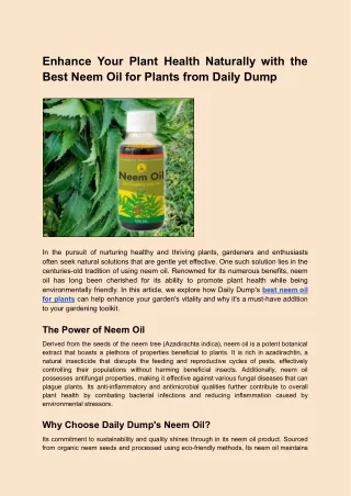 Enhance Your Plant Health Naturally with the Best Neem Oil for Plants from Daily Dump