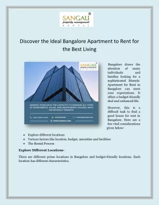 Discover the Ideal Bangalore Apartment to Rent for the Best Living