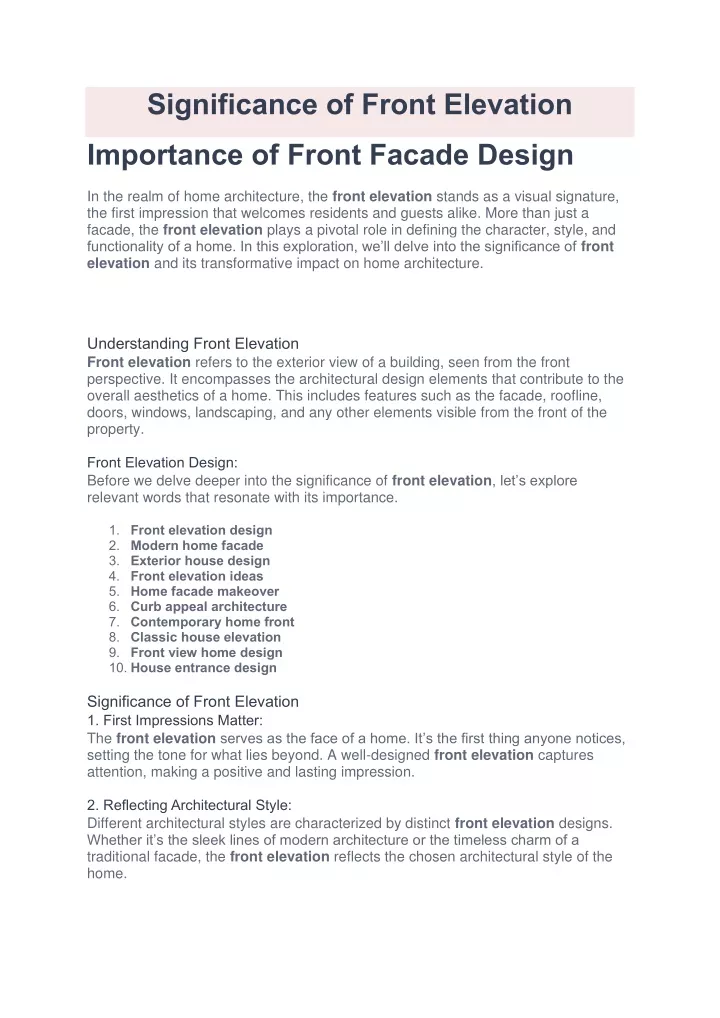 significance of front elevation
