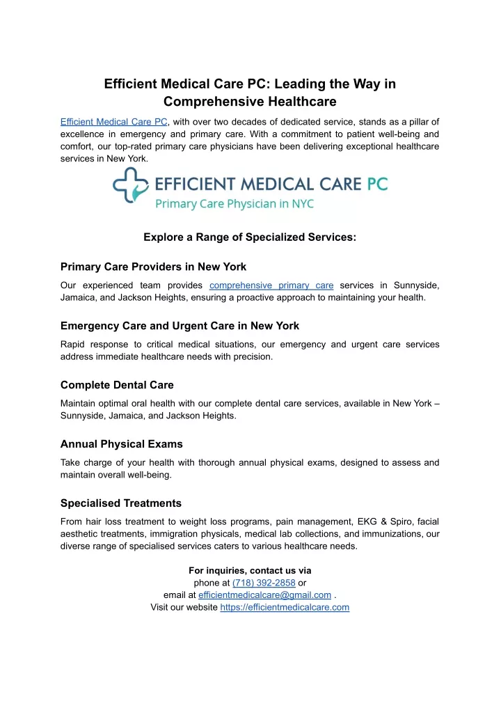 efficient medical care pc leading