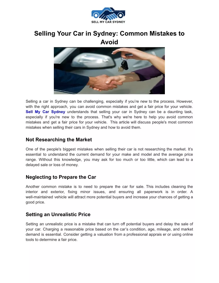 selling your car in sydney common mistakes