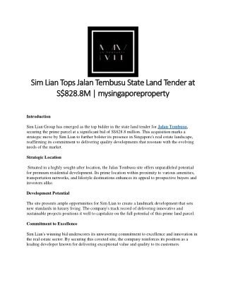 Sim Lian Tops Jalan Tembusu State Land Tender at S$828.8M - mysingaporeproperty
