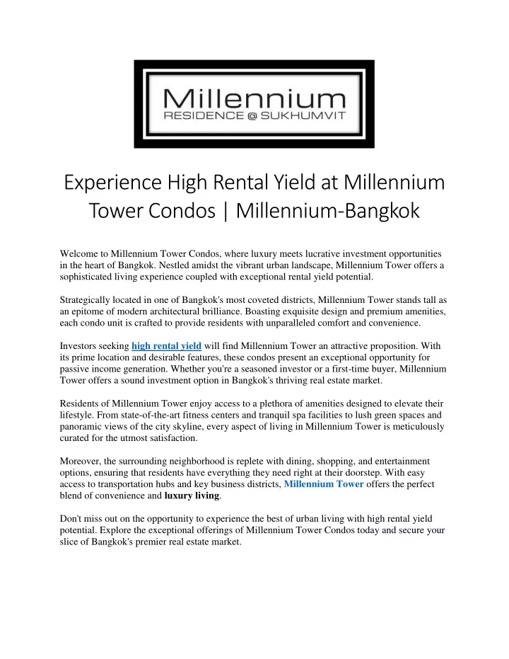 experience high rental yield at millennium tower
