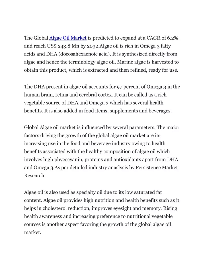 the global algae oil market is predicted