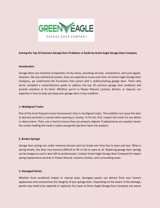 Solving the Top 10 Common Garage Door Problems A Guide by Green Eagle Garage Door Company