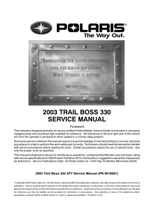 2003 Polaris Trailboss 330 ATV Service Repair Manual