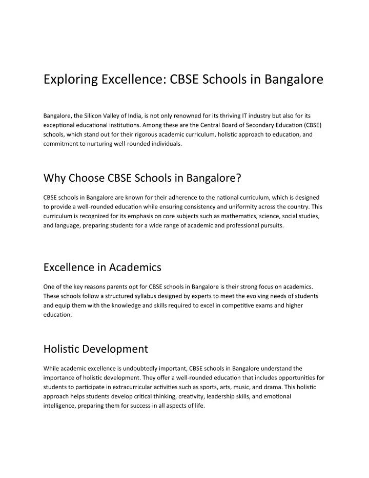 exploring excellence cbse schools in bangalore