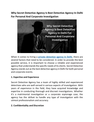Why Secret Detective Agency Is Best Detective Agency In Delhi For Personal And Corporate Investigation