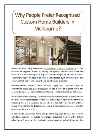 Why People Prefer Recognised Custom Home Builders in Melbourne?