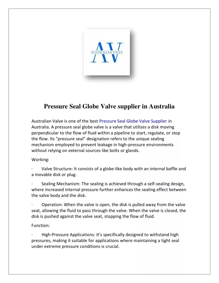 pressure seal globe valve supplier in australia