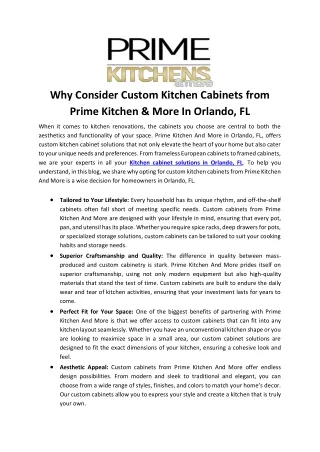 Why Consider Custom Kitchen Cabinets from Prime Kitchen & More In Orlando, FL
