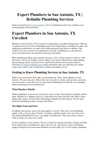Expert Plumbers in San Antonio, TX  Reliable Plumbing Services