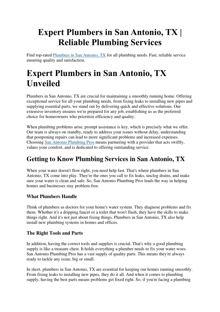 expert plumbers in san antonio tx reliable